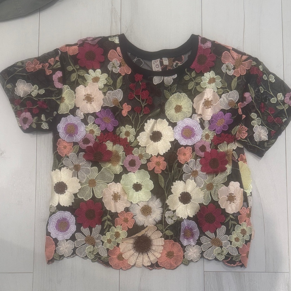 Dolan Black Mesh Top with Multicolor Floral Embroidery- Anthropologie